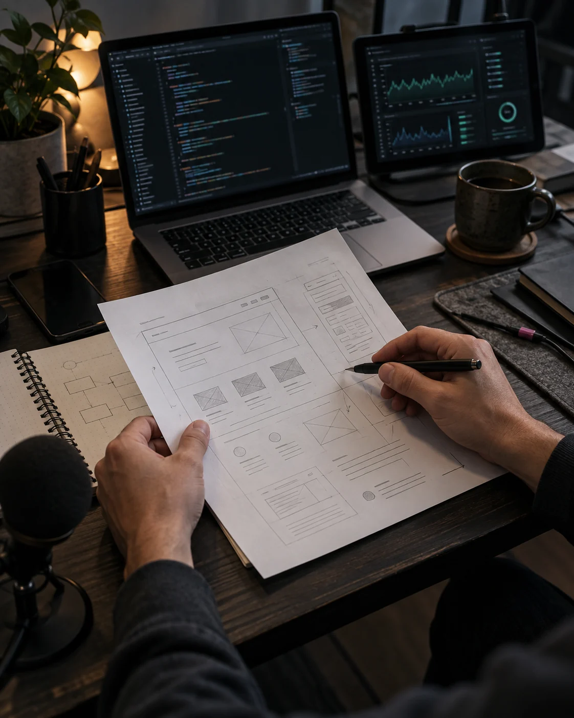 Planung eines Webprojekts mit Seitenskizze, Code und technischer Überwachung