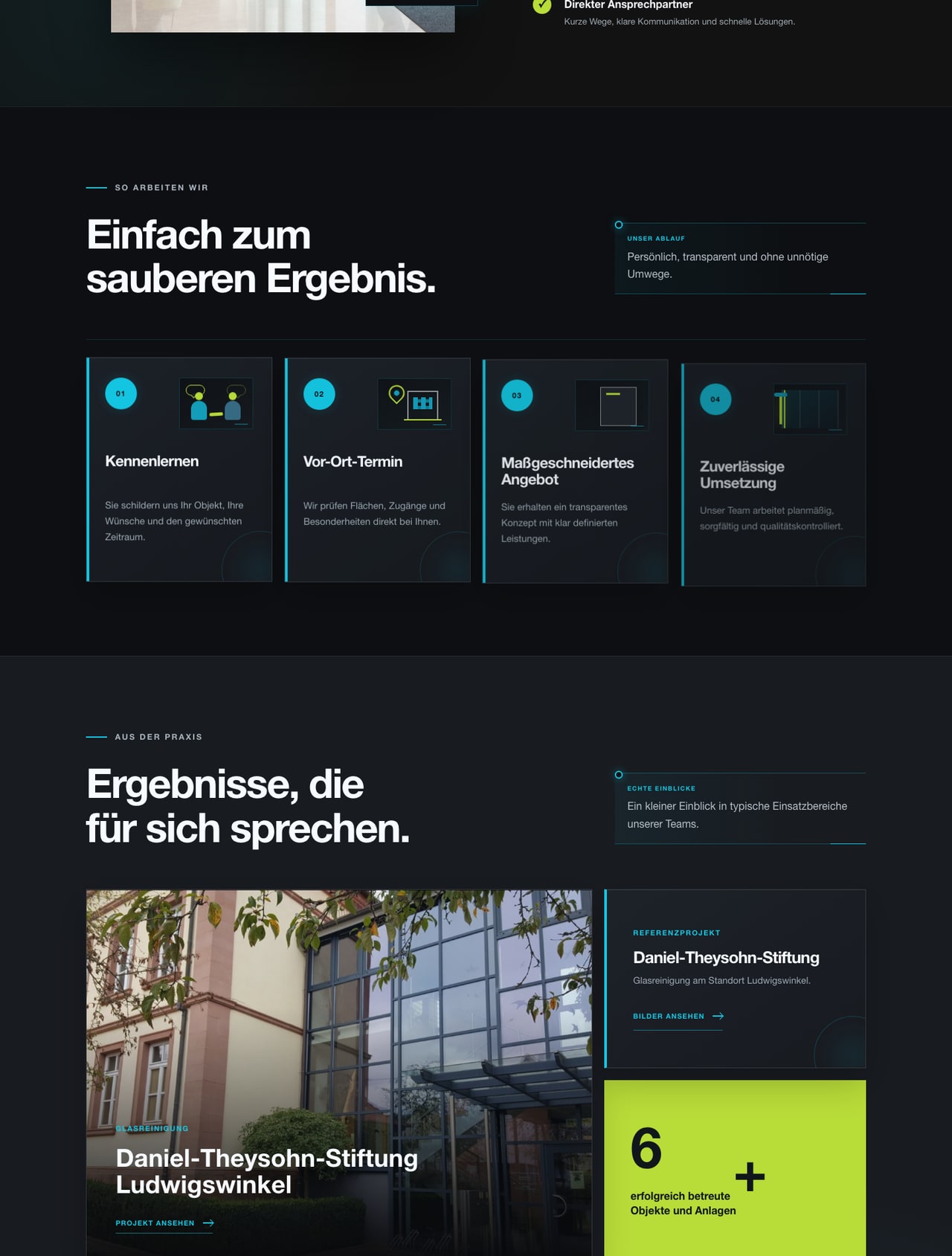 Ausschnitte aus Projektablauf, Referenzdarstellung und Vorher-Nachher-Vergleich der Webseite